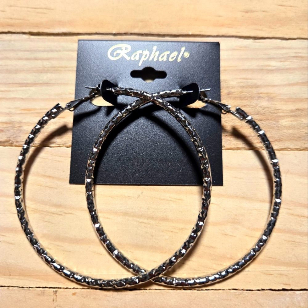 Raphael Silver Tone Large Hoop Earrings Textured Sensitive Ears